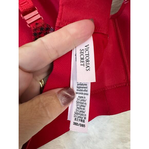 Victoria's Secret Red Plaid Shine Patch Demi Bra 38D Rhinestone Logo - Picture 5 of 7